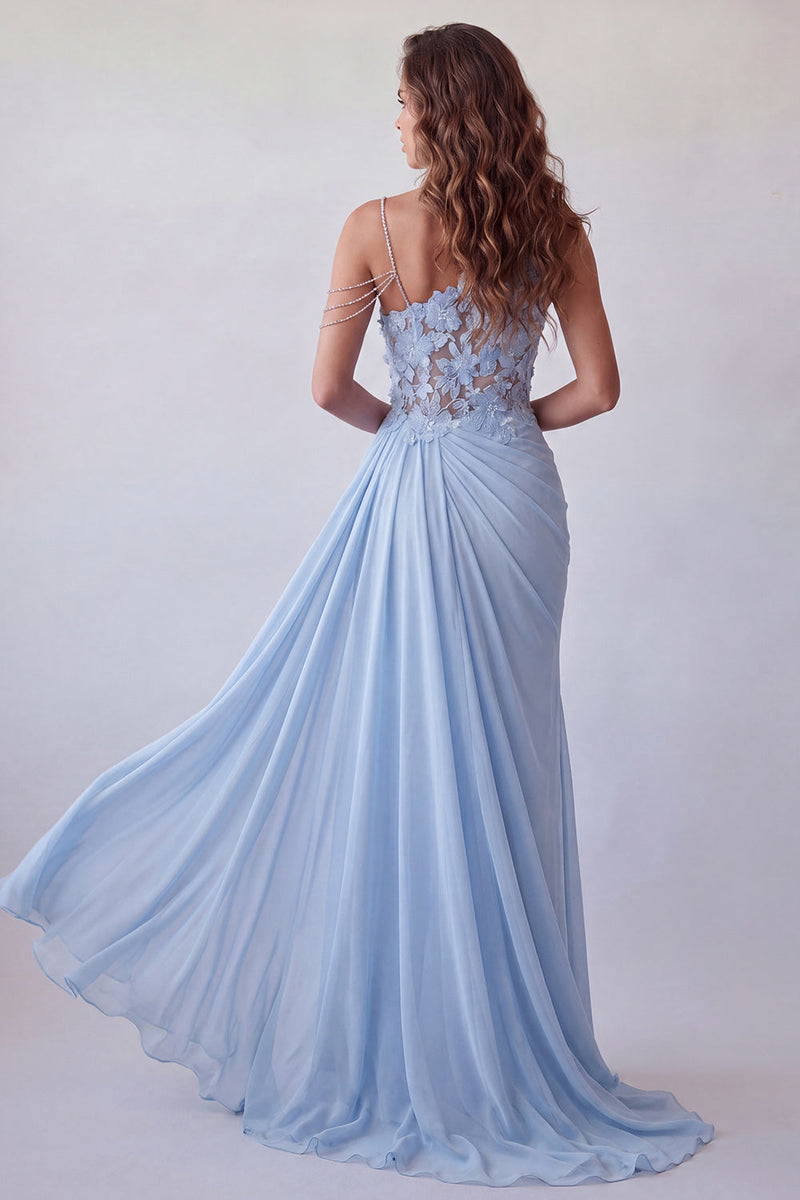 Load image into Gallery viewer, Floral Sky Blue Mermaid Long Beaded Ruched Formal Dress with Side Cape