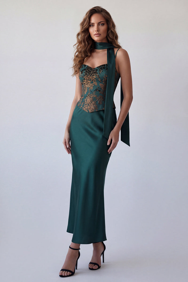 Load image into Gallery viewer, Spaghetti Straps Dark Green Basque Waist Long Mermaid Floral Formal Dress