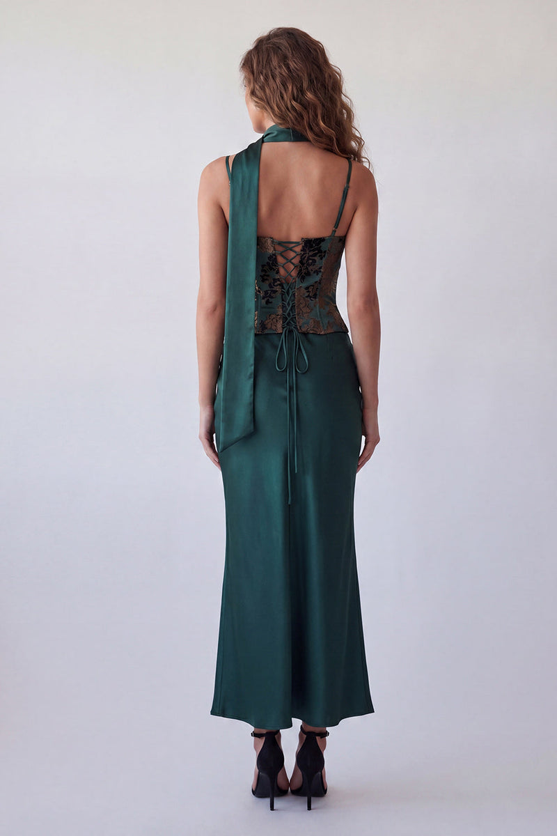 Load image into Gallery viewer, Spaghetti Straps Dark Green Basque Waist Long Mermaid Floral Formal Dress