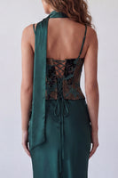 Load image into Gallery viewer, Spaghetti Straps Dark Green Basque Waist Long Mermaid Floral Formal Dress