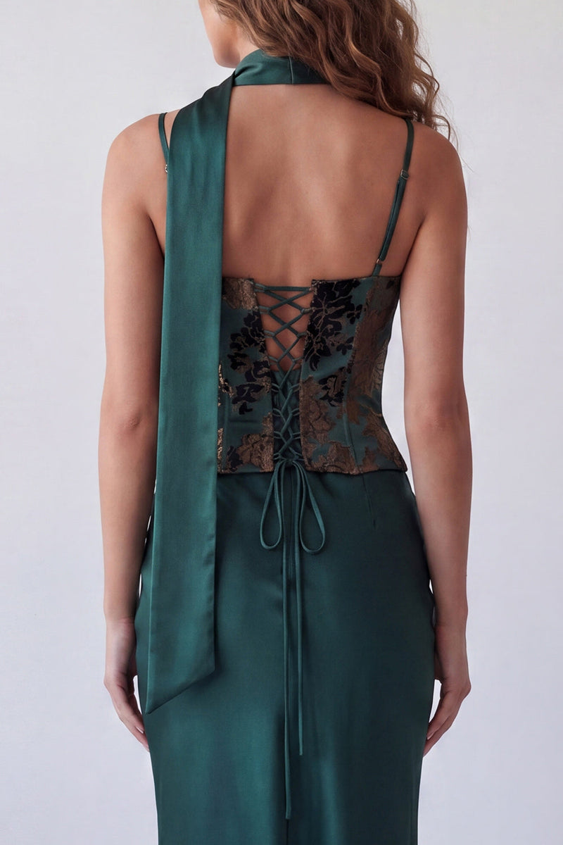 Load image into Gallery viewer, Spaghetti Straps Dark Green Basque Waist Long Mermaid Floral Formal Dress