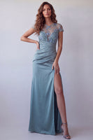 Load image into Gallery viewer, Grey Blue Floral Mermaid Short Sleeves Long Ruched Formal Dress with Slit