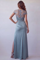 Load image into Gallery viewer, Grey Blue Floral Mermaid Short Sleeves Long Ruched Formal Dress with Slit