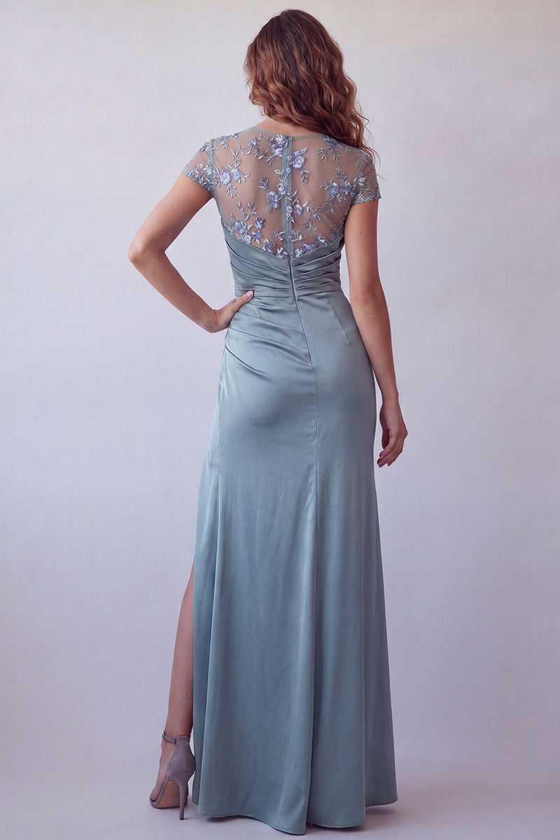 Load image into Gallery viewer, Grey Blue Floral Mermaid Short Sleeves Long Ruched Formal Dress with Slit