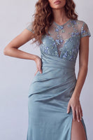 Load image into Gallery viewer, Grey Blue Floral Mermaid Short Sleeves Long Ruched Formal Dress with Slit