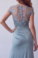 Load image into Gallery viewer, Grey Blue Floral Mermaid Short Sleeves Long Ruched Formal Dress with Slit