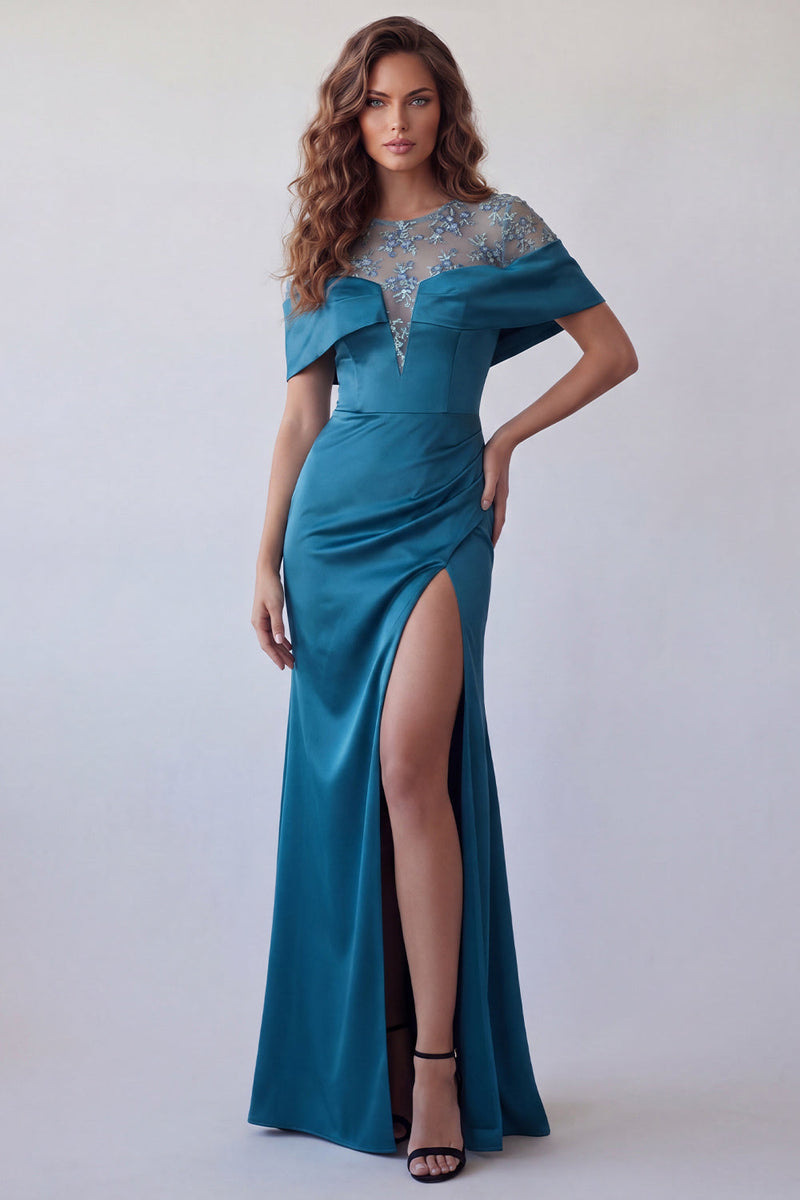 Load image into Gallery viewer, Peacock Blue Floral Mermaid Boat Neck Long Ruched Formal Dress with Cape