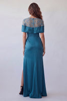 Load image into Gallery viewer, Peacock Blue Floral Mermaid Boat Neck Long Ruched Formal Dress with Cape