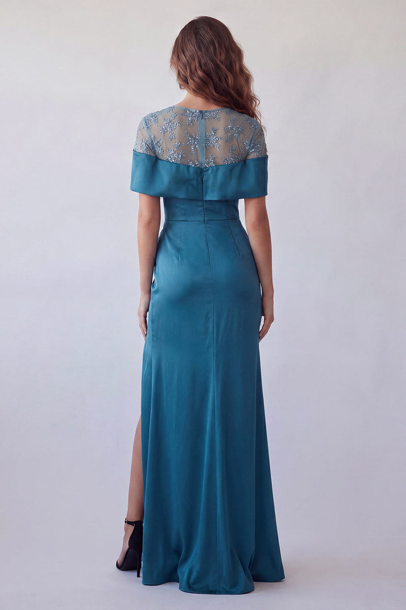 Load image into Gallery viewer, Peacock Blue Floral Mermaid Boat Neck Long Ruched Formal Dress with Cape