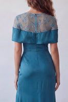 Load image into Gallery viewer, Peacock Blue Floral Mermaid Boat Neck Long Ruched Formal Dress with Cape