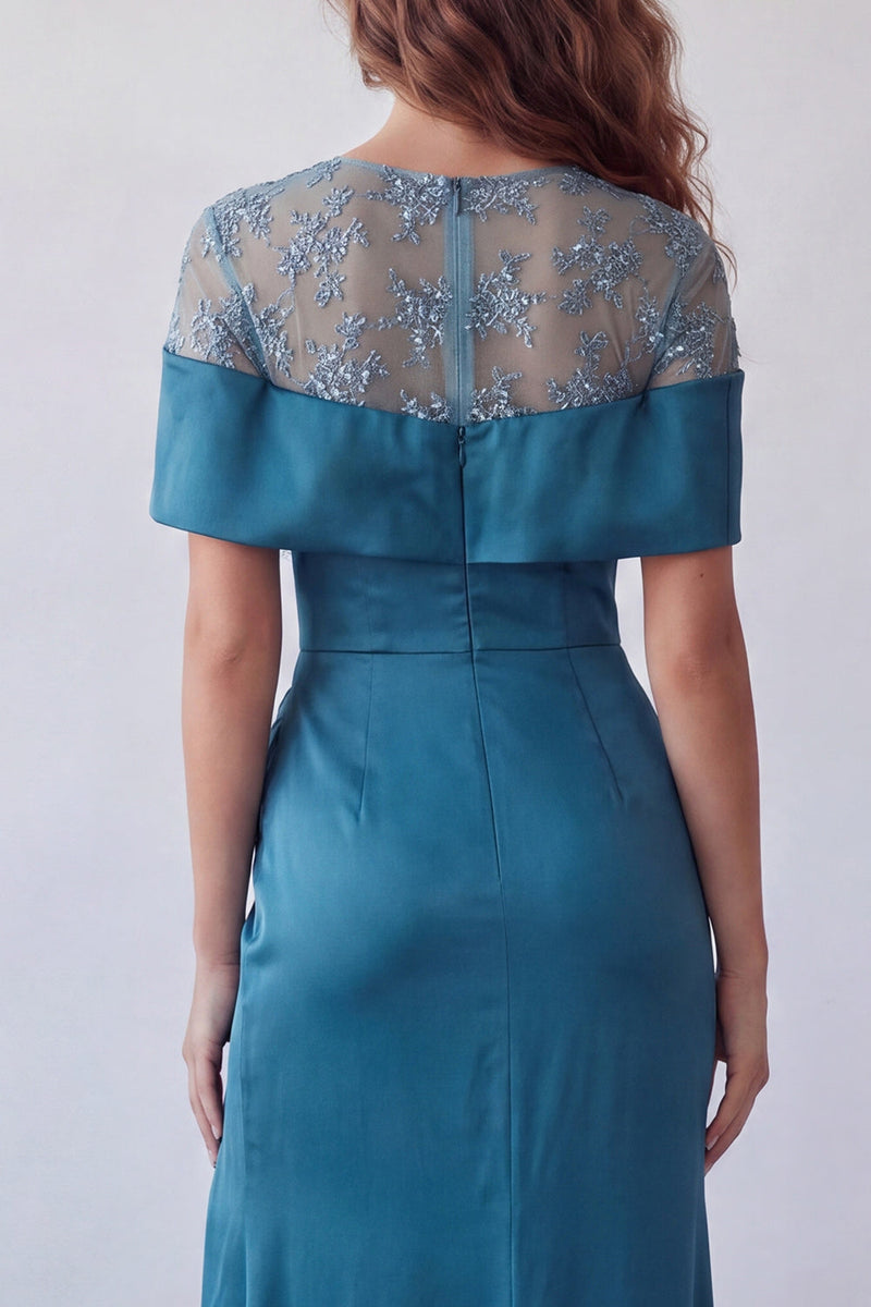 Load image into Gallery viewer, Peacock Blue Floral Mermaid Boat Neck Long Ruched Formal Dress with Cape