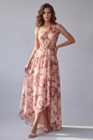 Load image into Gallery viewer, Pink A Line Ruched Floral One Shoulder High Low Formal Dress with Beading