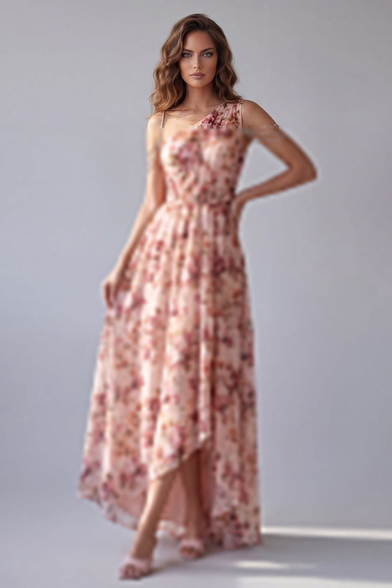 Load image into Gallery viewer, Pink A Line Ruched Floral One Shoulder High Low Formal Dress with Beading