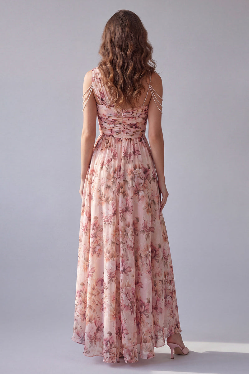 Load image into Gallery viewer, Pink A Line Ruched Floral One Shoulder High Low Formal Dress with Beading