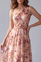 Load image into Gallery viewer, Pink A Line Ruched Floral One Shoulder High Low Formal Dress with Beading