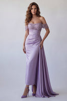 Load image into Gallery viewer, Mermaid Light Purple Beaded Ruched Long Formal Dress with Side Cape