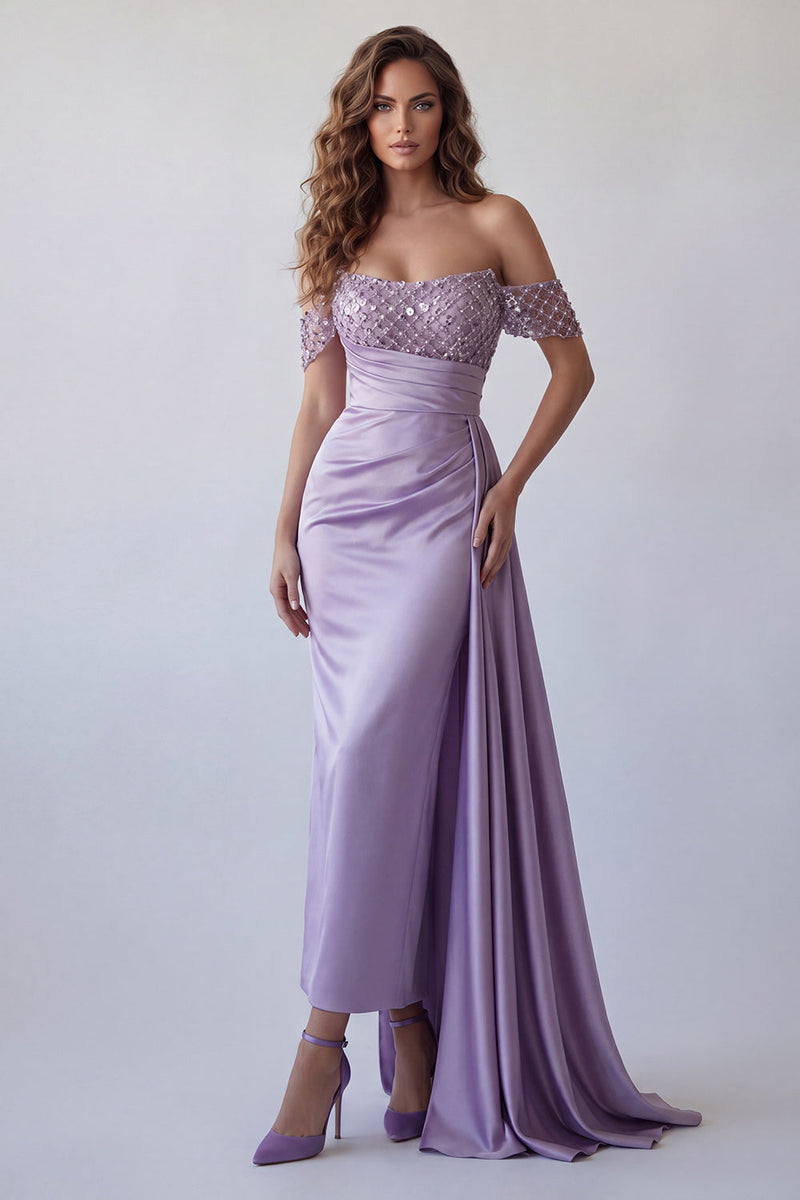 Load image into Gallery viewer, Mermaid Light Purple Beaded Ruched Long Formal Dress with Side Cape