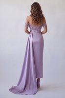 Load image into Gallery viewer, Mermaid Light Purple Beaded Ruched Long Formal Dress with Side Cape