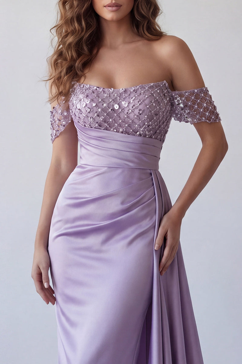 Load image into Gallery viewer, Mermaid Light Purple Beaded Ruched Long Formal Dress with Side Cape