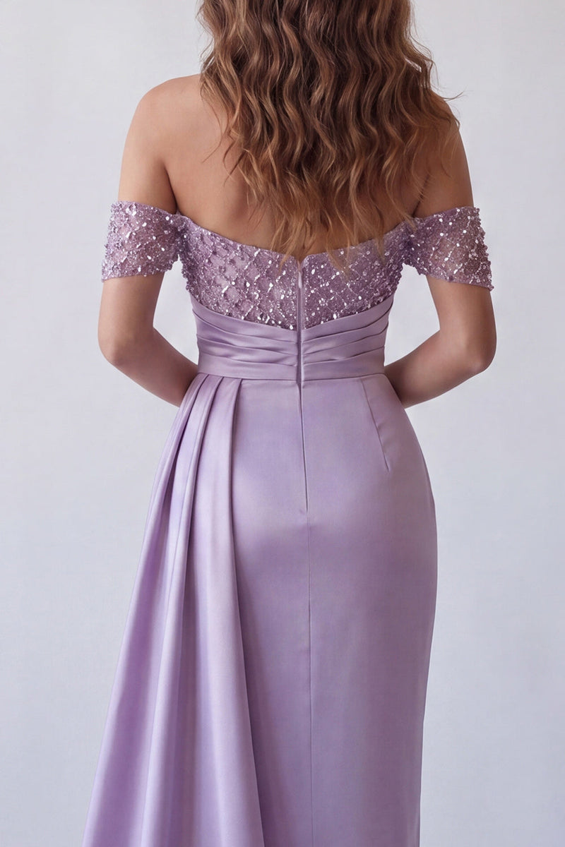 Load image into Gallery viewer, Mermaid Light Purple Beaded Ruched Long Formal Dress with Side Cape
