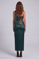 Load image into Gallery viewer, Strapless Dark Green Basque Waist Long Sheath Floral Formal Dress with Slit
