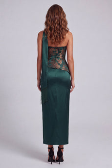 Strapless Dark Green Basque Waist Long Sheath Floral Formal Dress with Slit