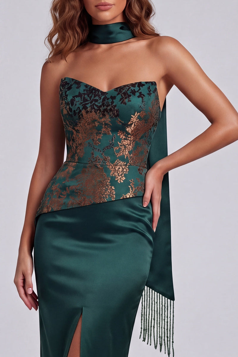 Load image into Gallery viewer, Strapless Dark Green Basque Waist Long Sheath Floral Formal Dress with Slit