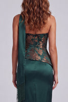Load image into Gallery viewer, Strapless Dark Green Basque Waist Long Sheath Floral Formal Dress with Slit