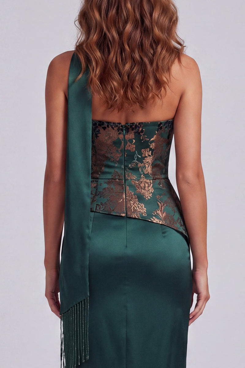 Load image into Gallery viewer, Strapless Dark Green Basque Waist Long Sheath Floral Formal Dress with Slit