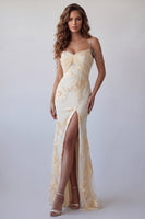 Load image into Gallery viewer, Light Yellow Mermaid Floral Long Cold Shoulder Beaded Formal Dress with Slit