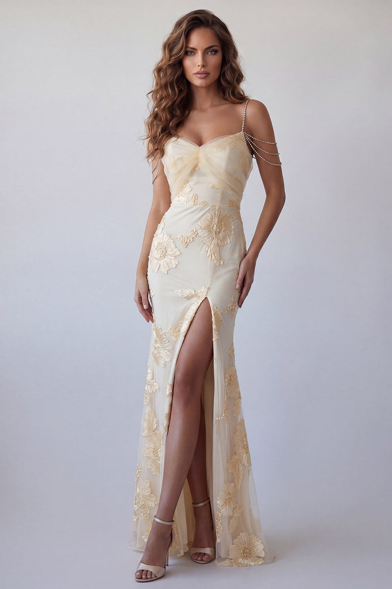 Load image into Gallery viewer, Light Yellow Mermaid Floral Long Cold Shoulder Beaded Formal Dress with Slit
