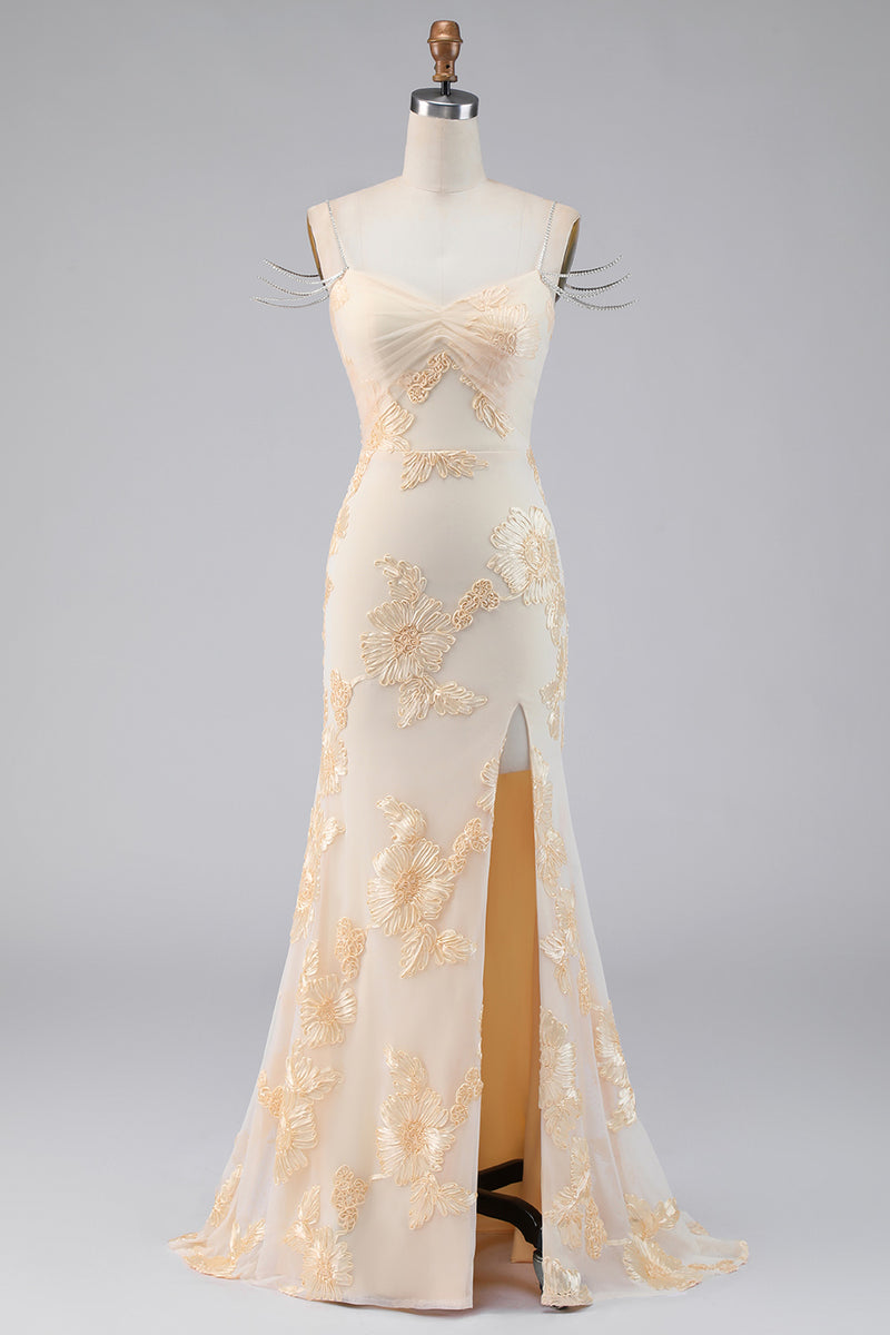 Load image into Gallery viewer, Light Yellow Mermaid Floral Long Cold Shoulder Beaded Formal Dress with Slit