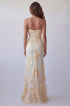 Light Yellow Mermaid Floral Long Cold Shoulder Beaded Formal Dress with Slit