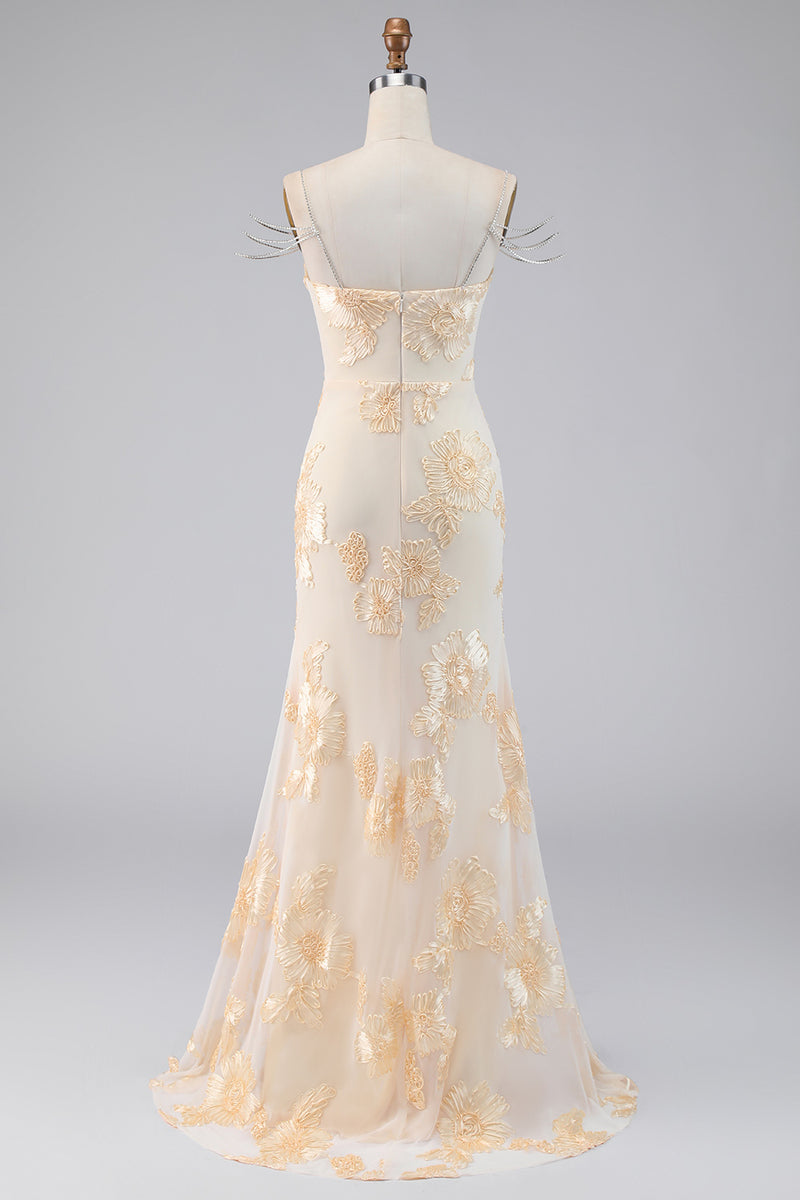 Load image into Gallery viewer, Light Yellow Mermaid Floral Long Cold Shoulder Beaded Formal Dress with Slit
