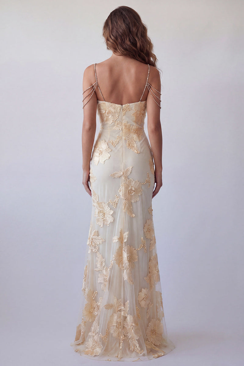 Load image into Gallery viewer, Light Yellow Mermaid Floral Long Cold Shoulder Beaded Formal Dress with Slit