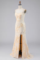 Load image into Gallery viewer, Light Yellow Mermaid Floral Long Cold Shoulder Beaded Formal Dress with Slit
