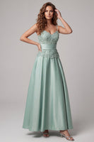 Load image into Gallery viewer, Green Spaghetti Straps Floral Long A Line Formal Dress with Pearls
