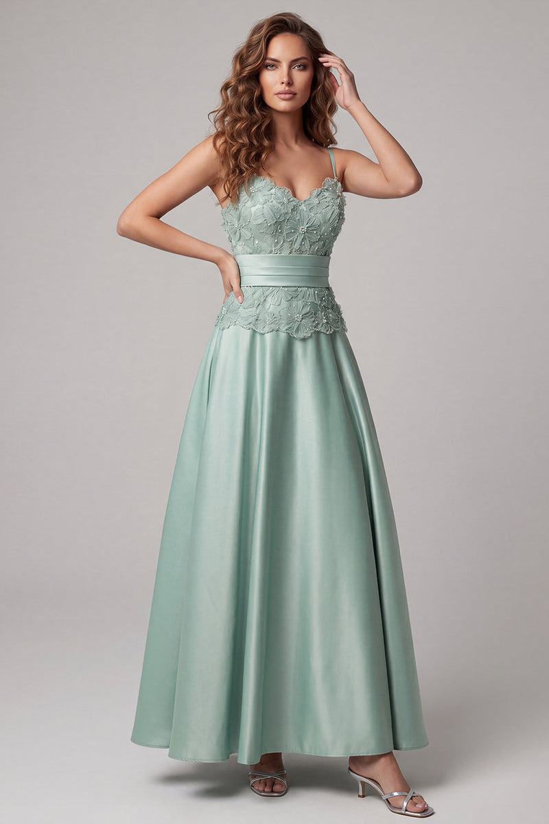 Load image into Gallery viewer, Green Spaghetti Straps Floral Long A Line Formal Dress with Pearls