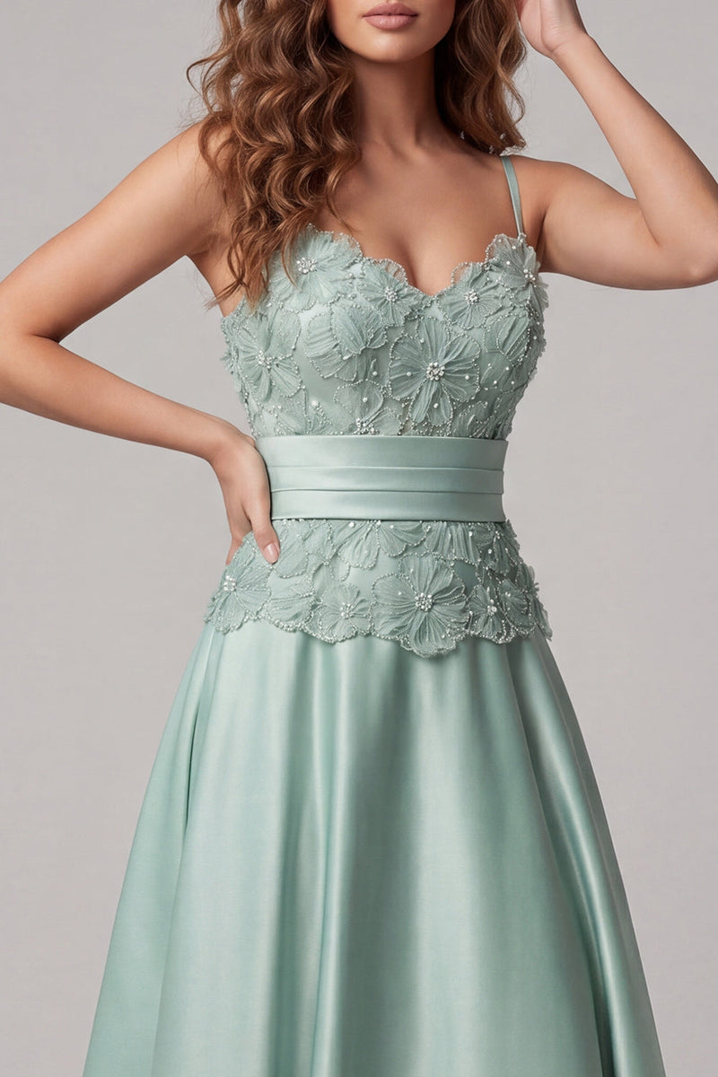 Load image into Gallery viewer, Green Spaghetti Straps Floral Long A Line Formal Dress with Pearls