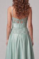 Load image into Gallery viewer, Green Spaghetti Straps Floral Long A Line Formal Dress with Pearls