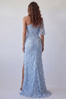 Load image into Gallery viewer, Sky Blue Floral Long One Shoulder Mermaid Ruched Formal Dress with Pearls