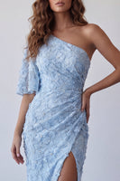 Load image into Gallery viewer, Sky Blue Floral Long One Shoulder Mermaid Ruched Formal Dress with Pearls