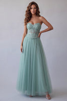 Load image into Gallery viewer, Corset Strapless Floral Green Long A Line Formal Dress with Beading
