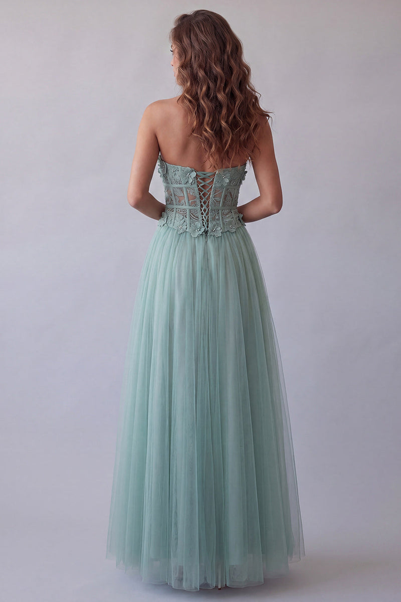 Load image into Gallery viewer, Corset Strapless Floral Green Long A Line Formal Dress with Beading