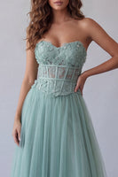 Load image into Gallery viewer, Corset Strapless Floral Green Long A Line Formal Dress with Beading