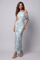 Load image into Gallery viewer, Mermaid Long Ruched Light Green Floral One Shoulder Formal Dress
