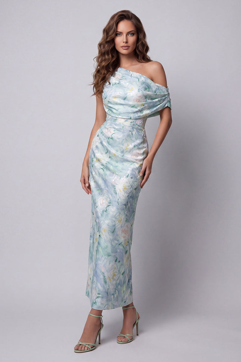 Load image into Gallery viewer, Mermaid Long Ruched Light Green Floral One Shoulder Formal Dress