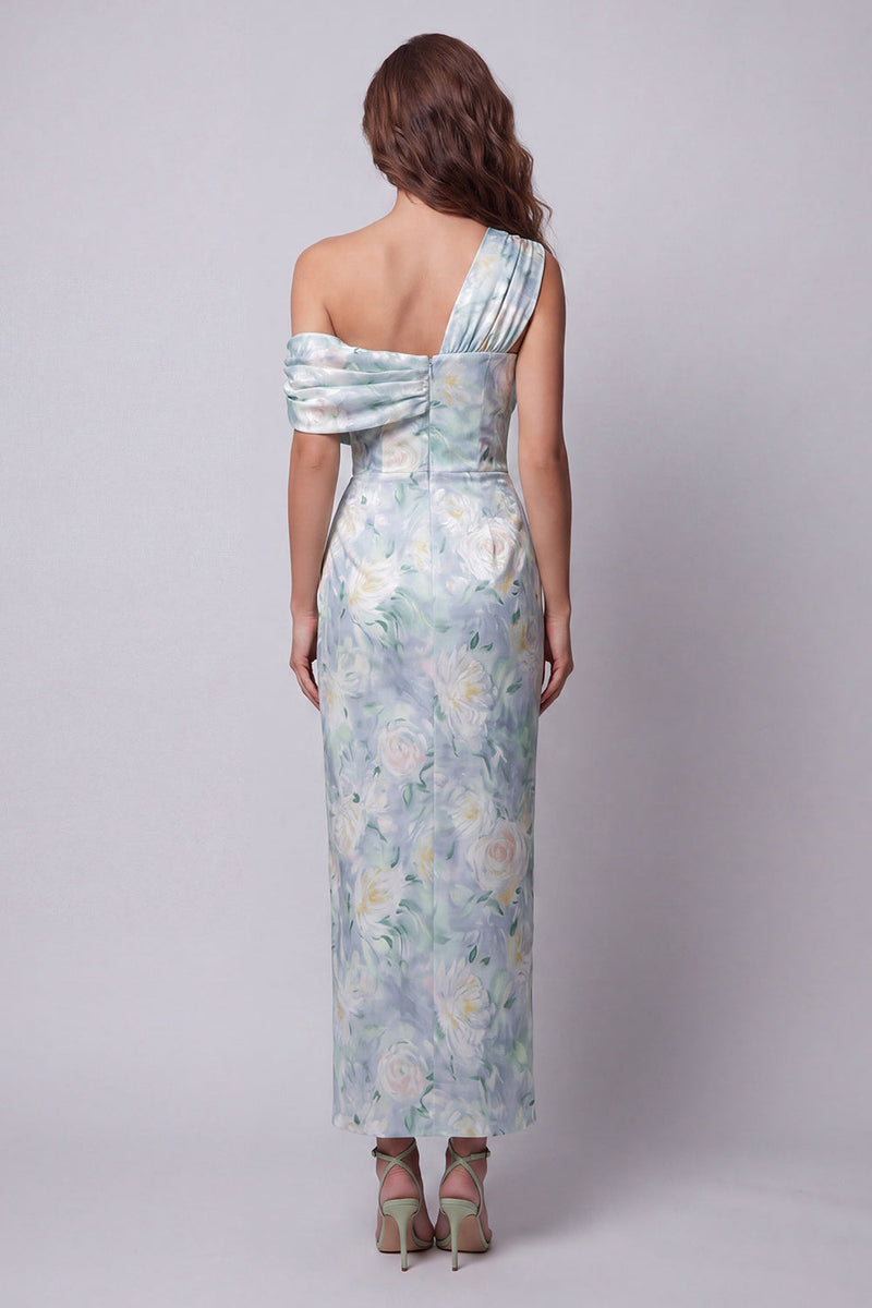 Load image into Gallery viewer, Mermaid Long Ruched Light Green Floral One Shoulder Formal Dress