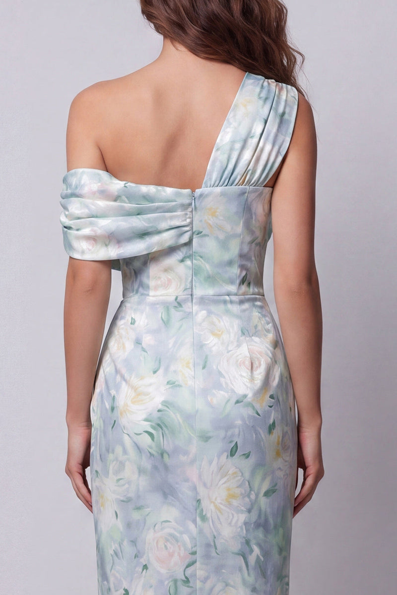 Load image into Gallery viewer, Mermaid Long Ruched Light Green Floral One Shoulder Formal Dress