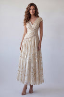 Load image into Gallery viewer, Sparkly Champagne V-Neck Ruched A Line Long Formal Dress with Beading